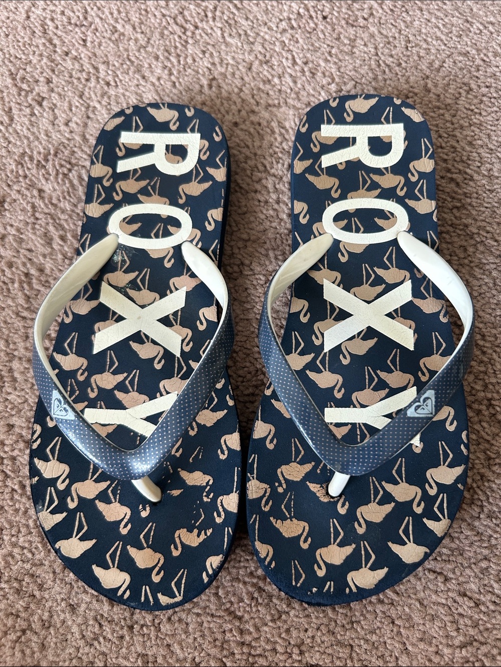 Roxy Girls Navy and Tan Flamingo Print Flip Flops